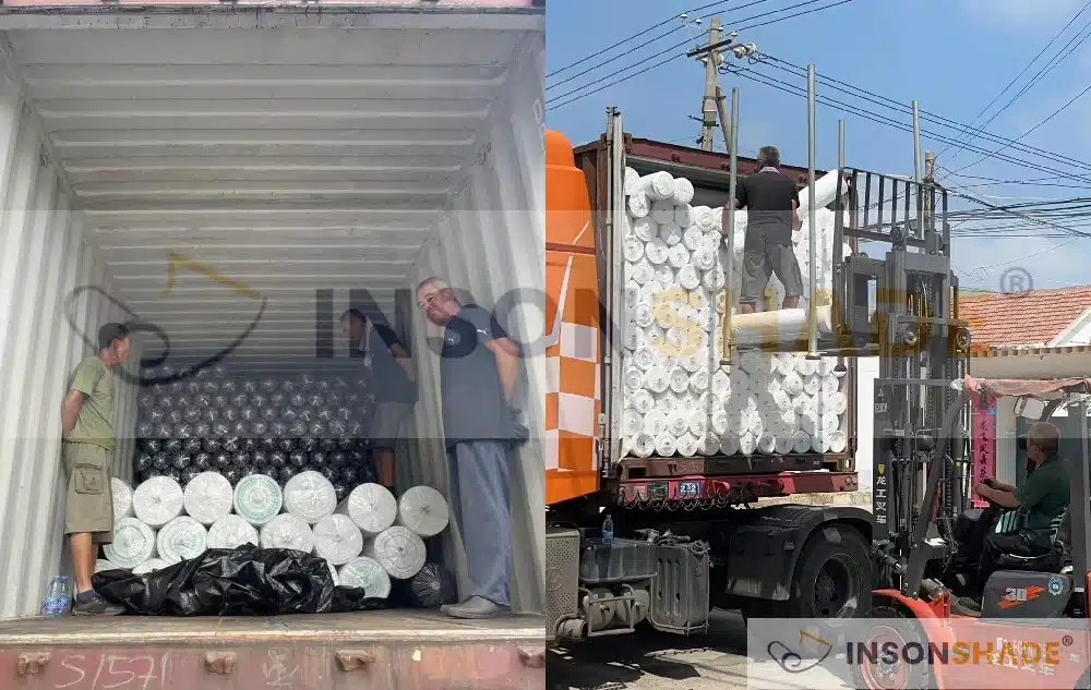 Loading greenhouse ground cover rolls onto truck.